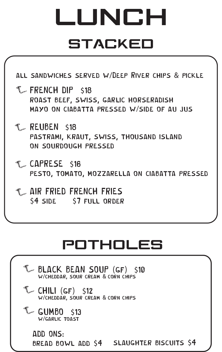 Lunch menu during brunch at Bent Nails Roadhouse
