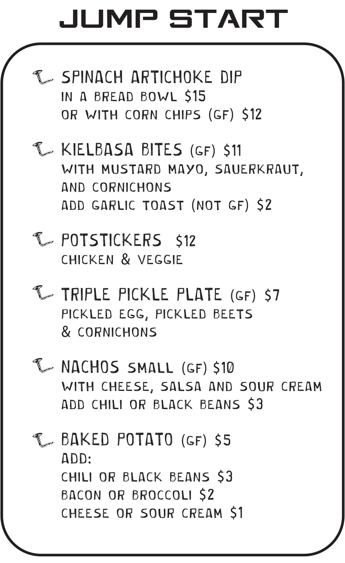 Jump Start menu at Bent Nails Roadhouse