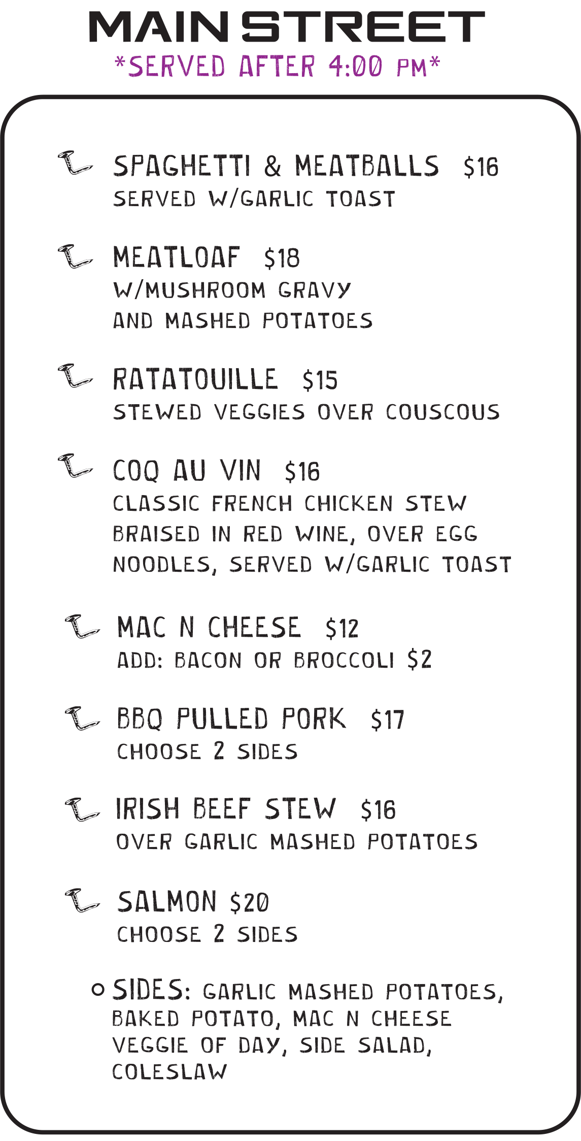 Maine menu at Bent Nails Roadhouse