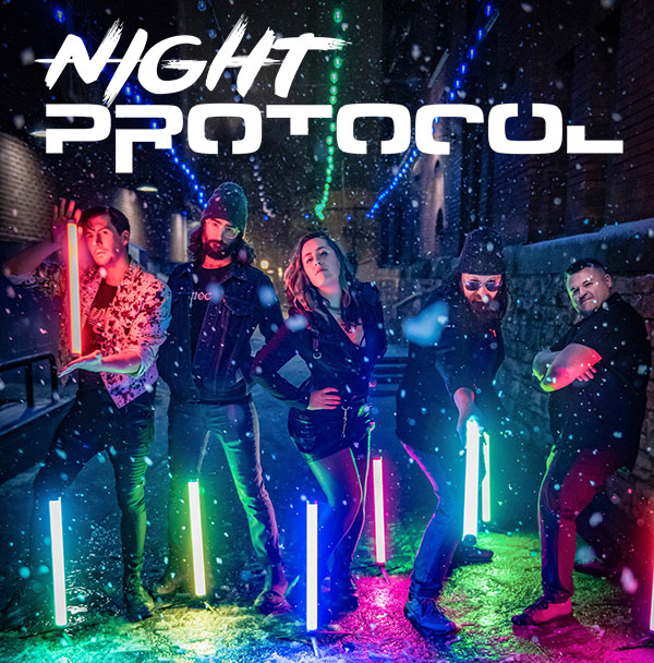 five members of the Night Protocol in n lley holding light sabers