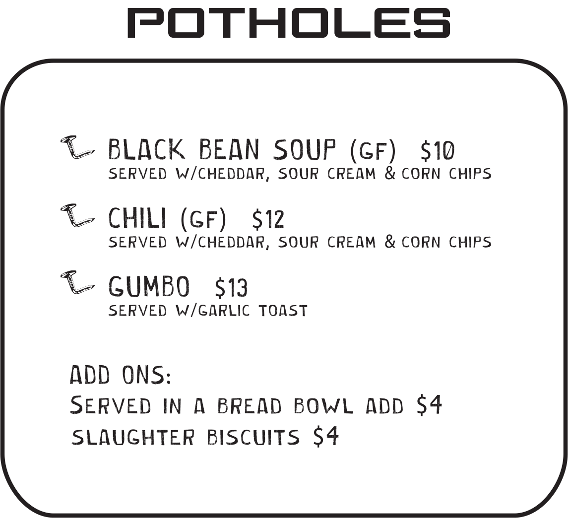 Potholes Menu at Bent Nails Roadhouse