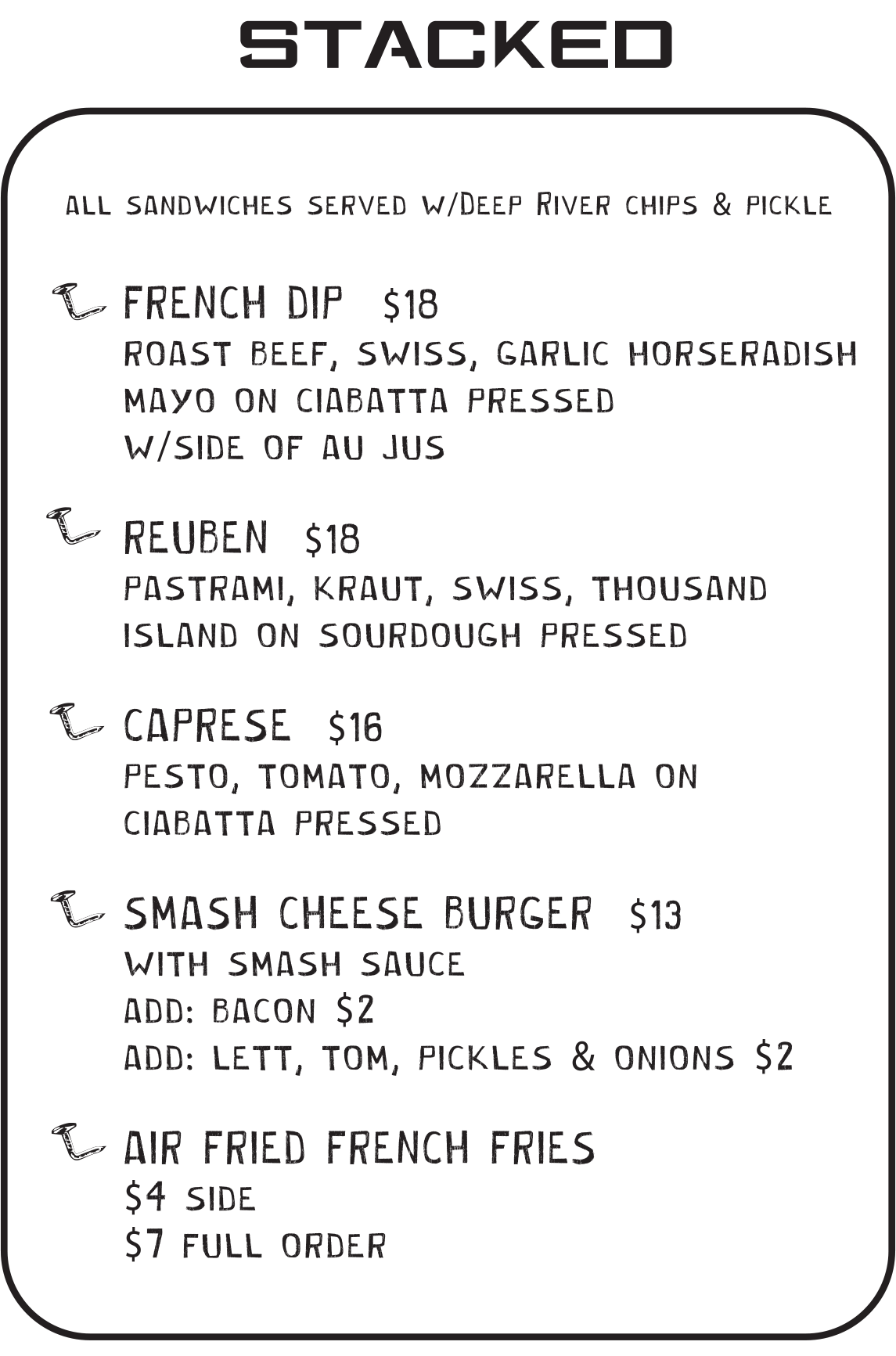 Stacked menu at Bent Nails Roadhouse