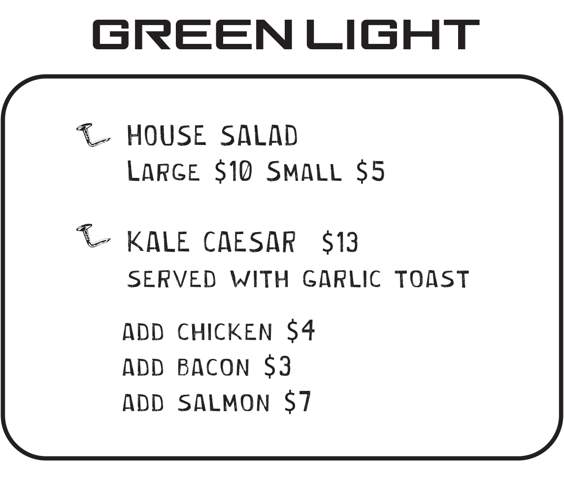Green Light menu at Bent Nails Roadhouse