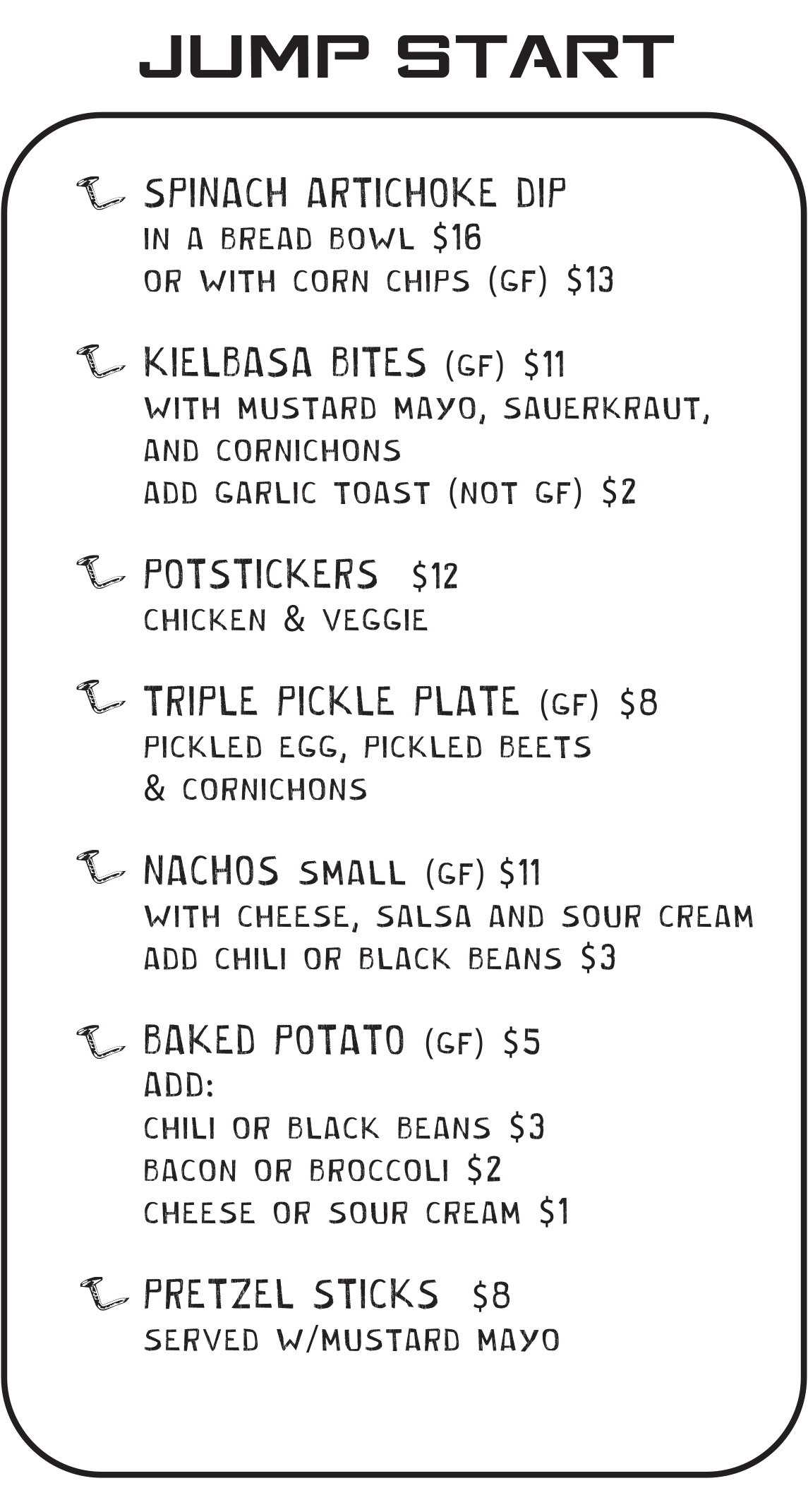 Jump Start menu at Bent Nails Roadhouse