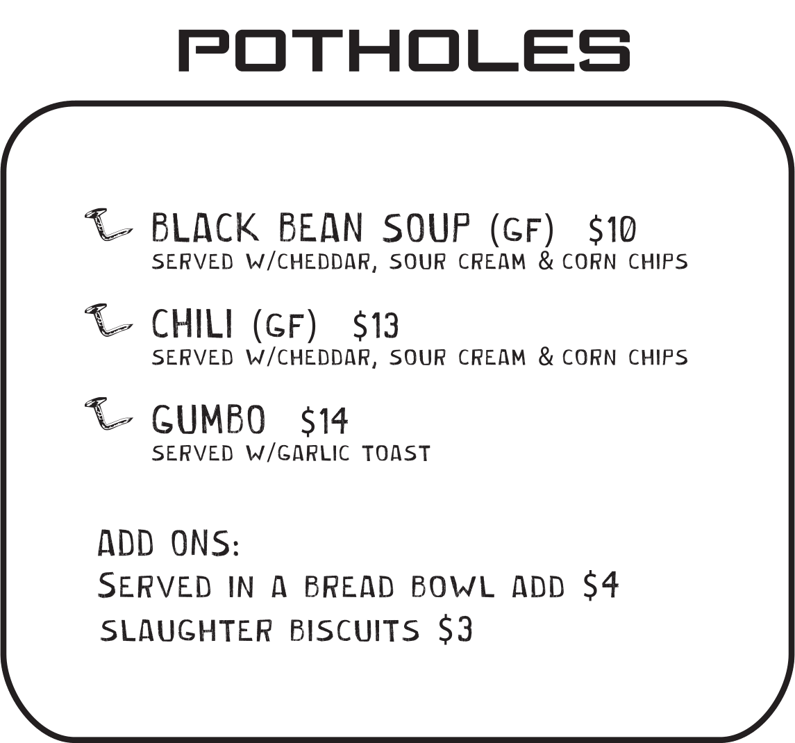 Brunch lunch potholes menu at Bent Nails Roadhouse