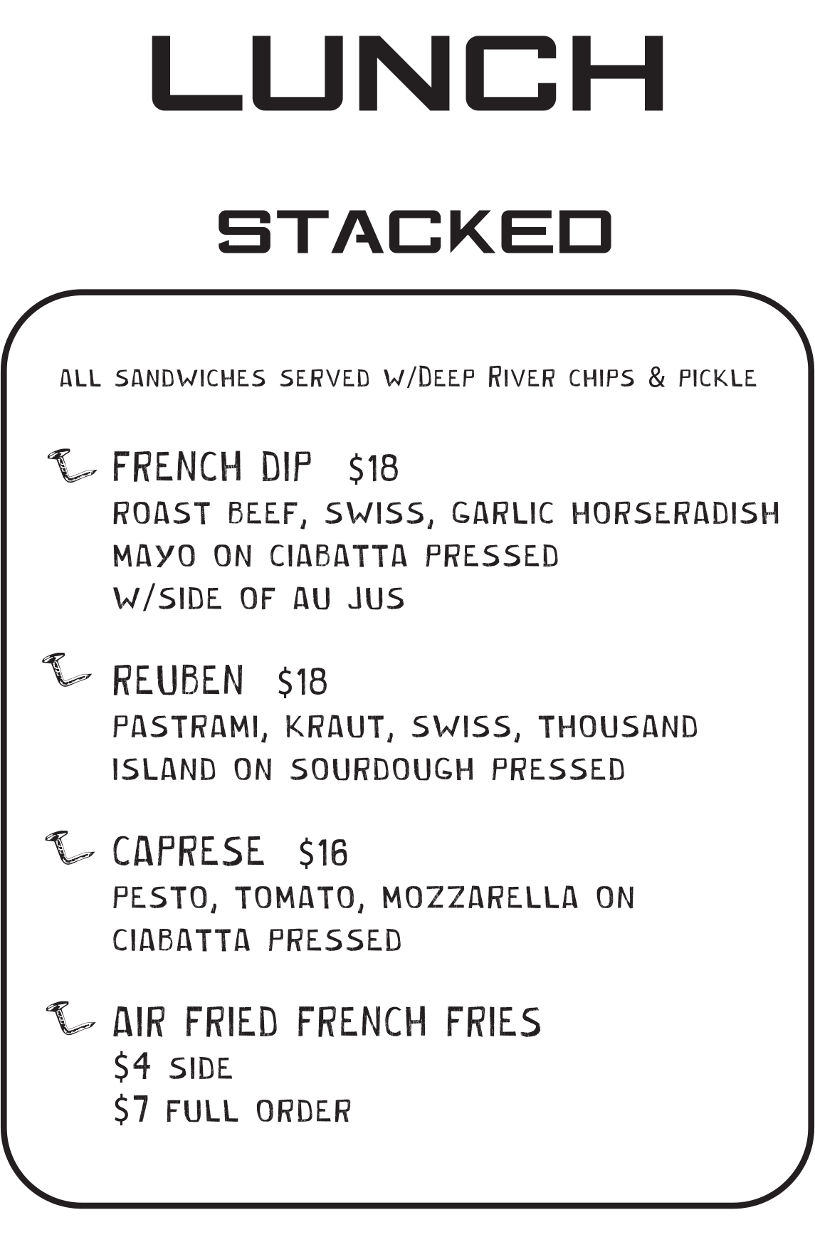 Lunch at Brunch stacked menu at Bent Nails Roadhouse