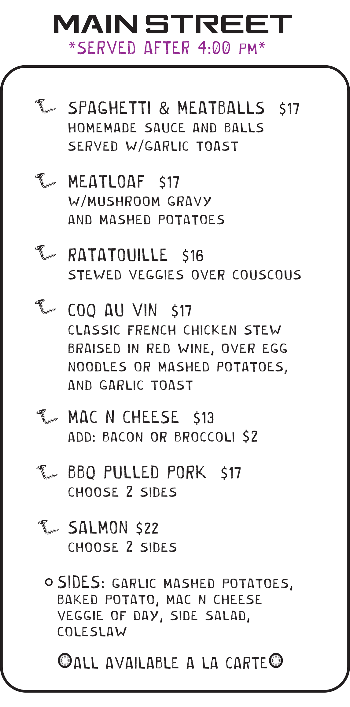 Main Street Menu at Bent Nails Bistro