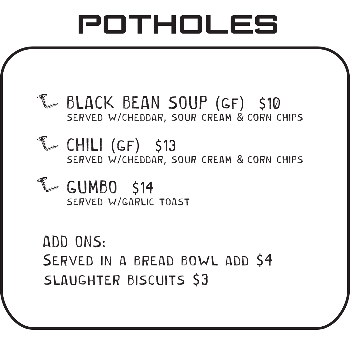 Pot Holes menu at Bent Nails Roadhouse