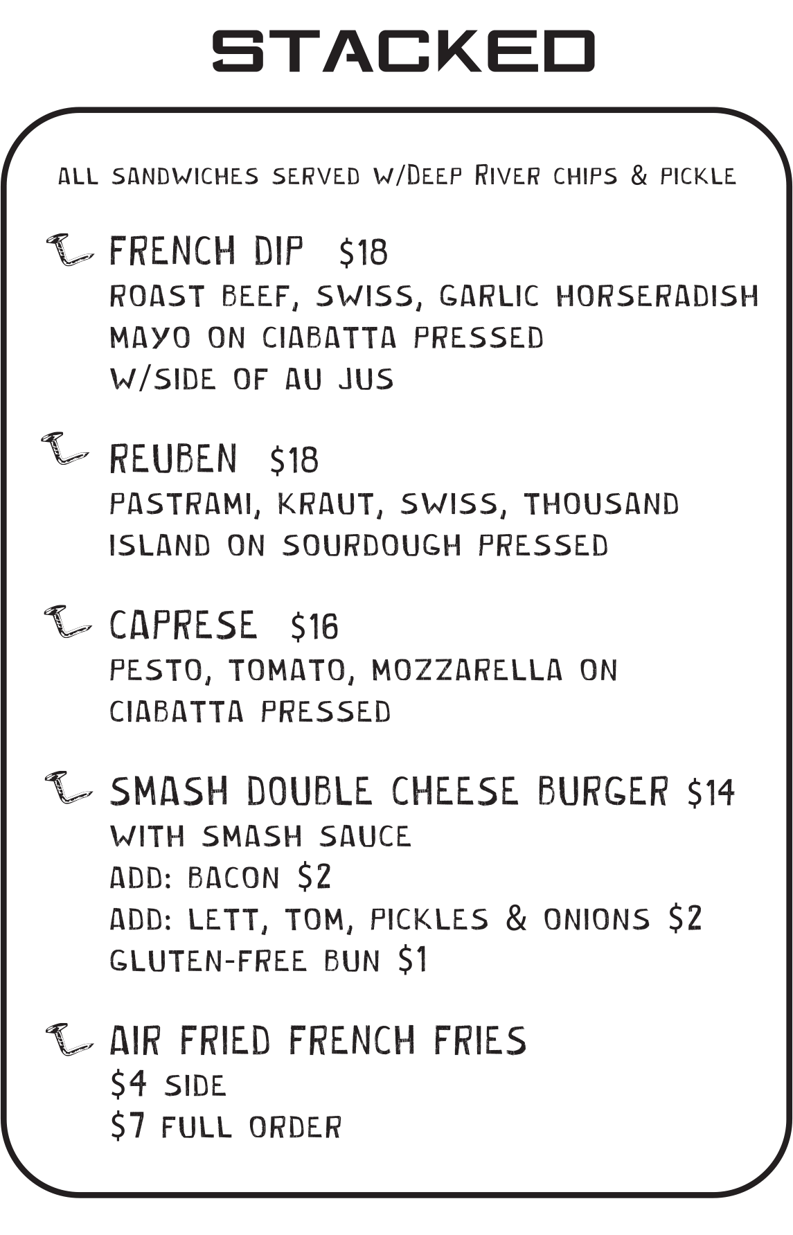 Stacked Menu at Bent Nails Roahouse