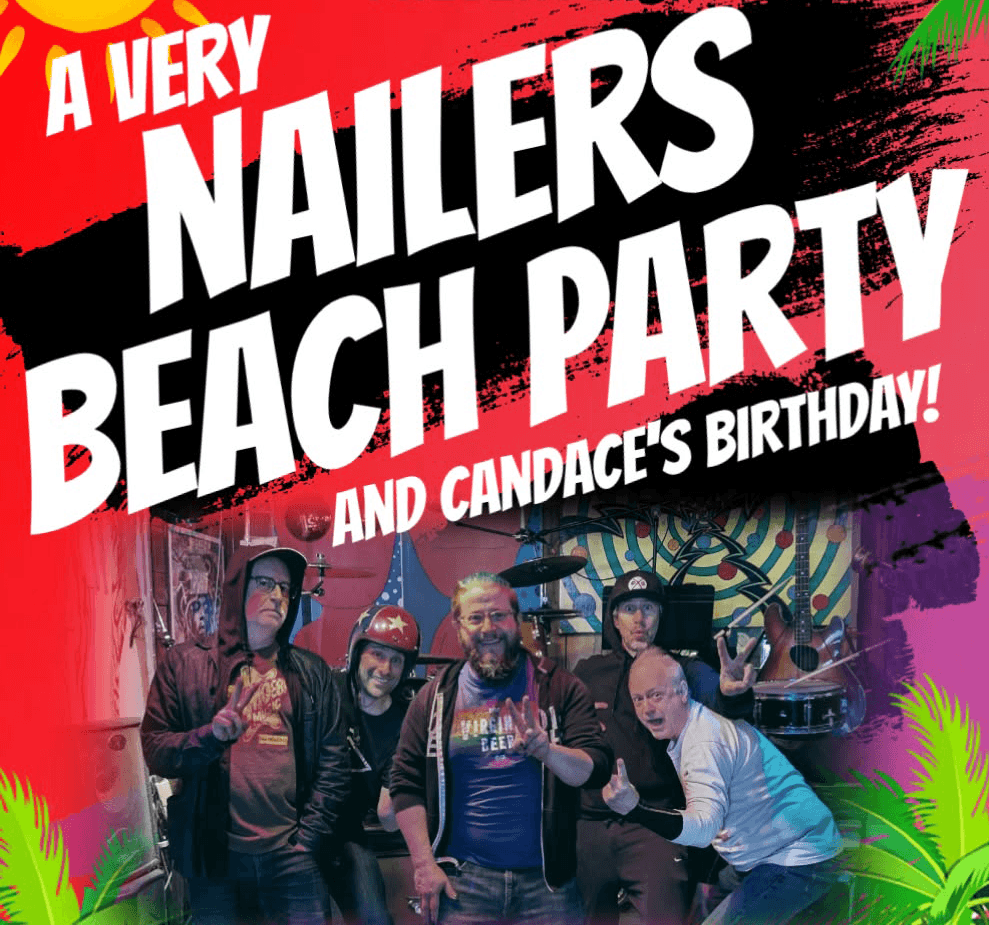 The Nailers band members on a Nailers Beach Party poster