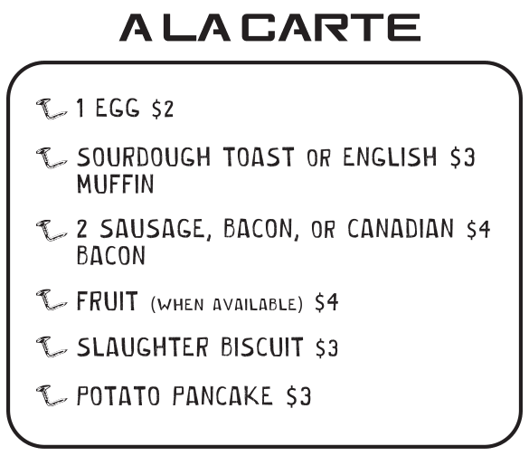A La Cart menu at Bent Nails Roadhouse