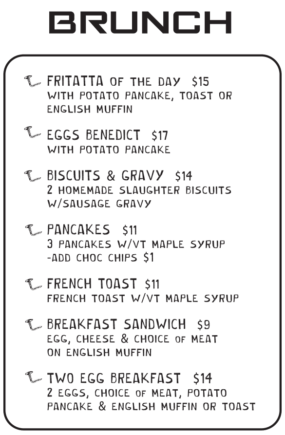 Brunch menu Bent Nails Roadhouse