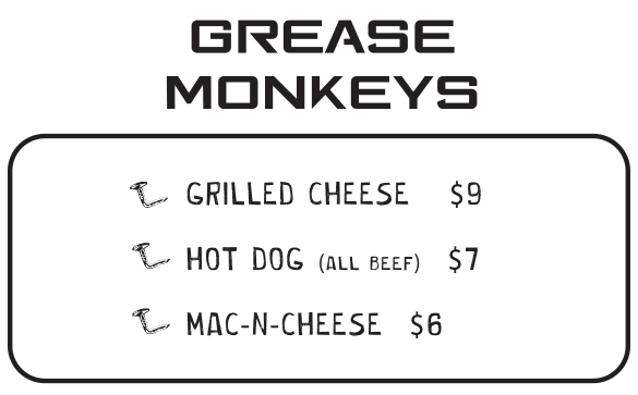 Grease Monkey menu at Bent Nails Roadhouse