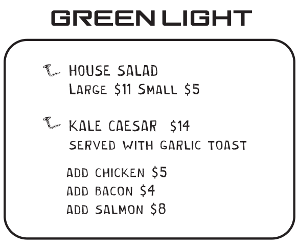 Green Light menu at Bent Nails Roadhouse