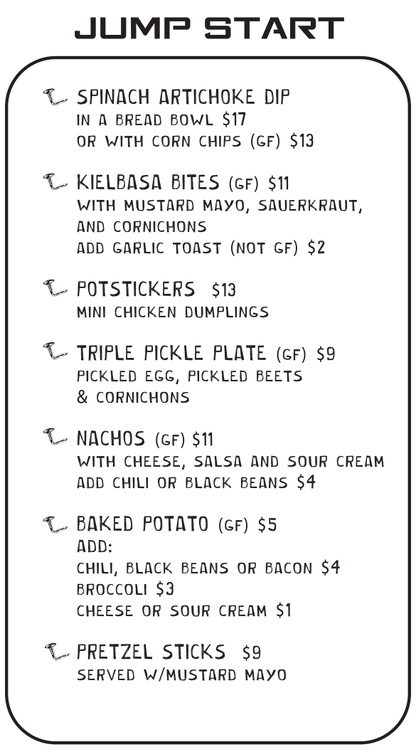 Jump Start menu at Bent Nails Roadhouse