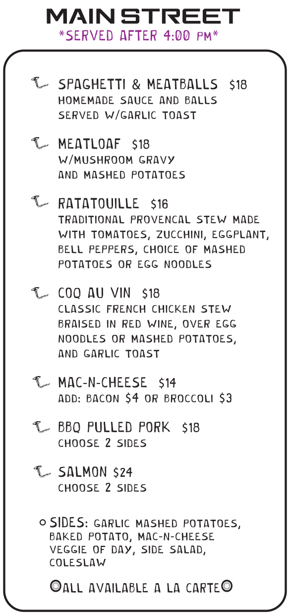 Main Street menu at Bent Nails Roadhouse