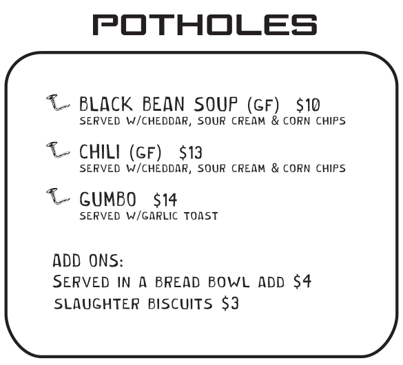 Potholes menu at Bent Nails Bistro