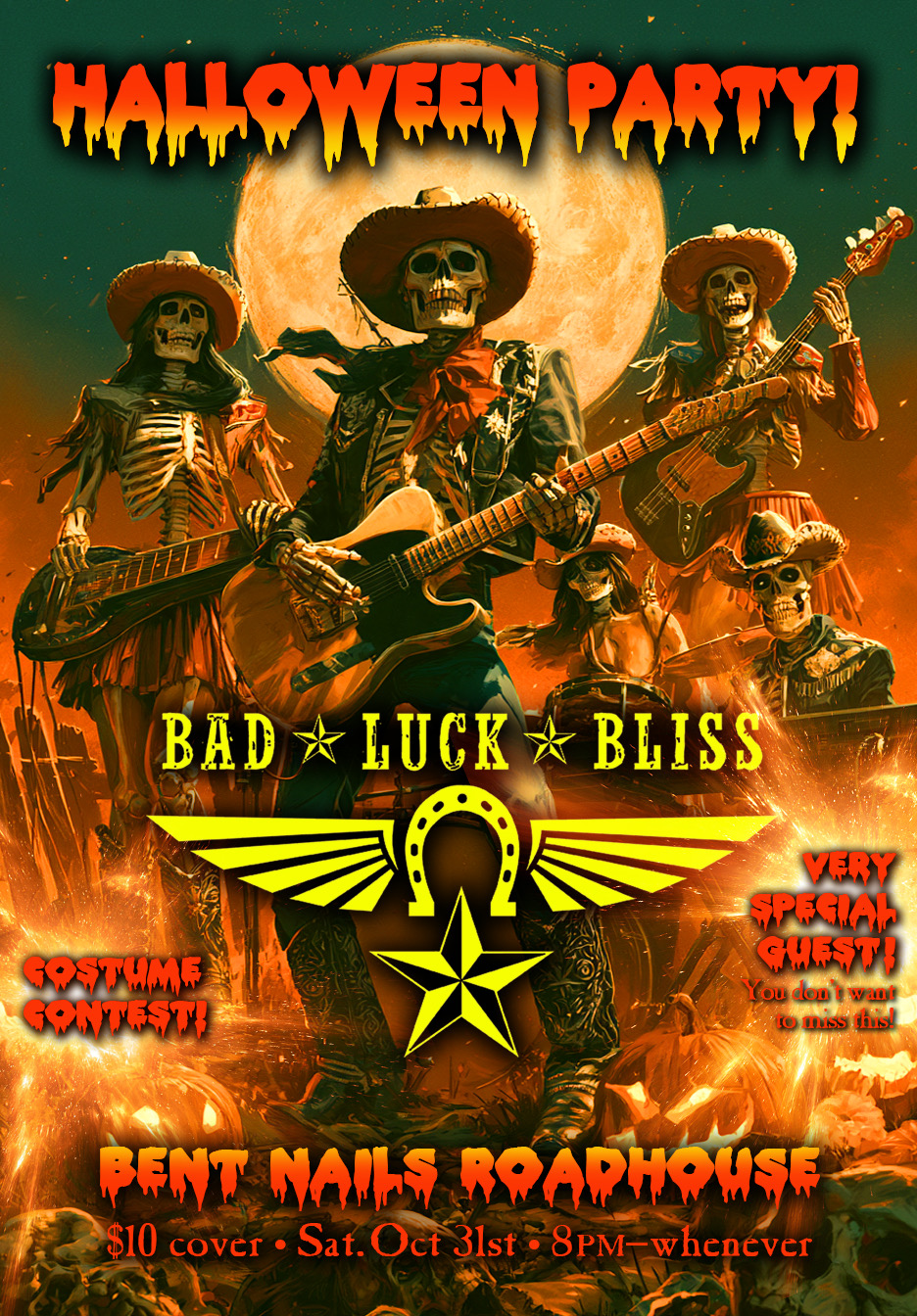 Bad Luck Bliss as skeletons playing musical instruments